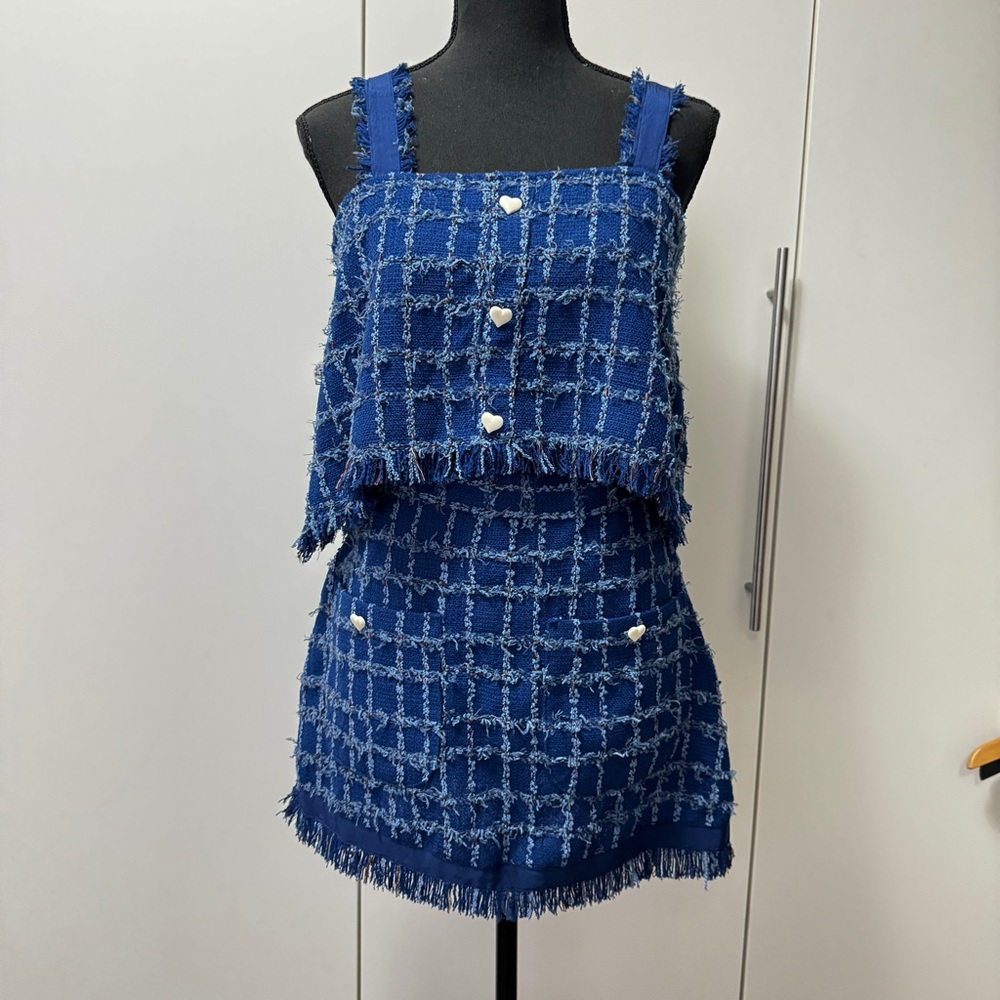 Blue and White Tweed Suit Top and Skirt Set